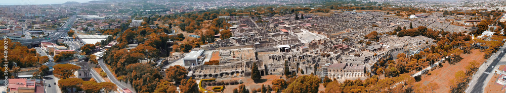 Pompei, Italy. Aerial view of old city from a drone viewpoint in summer season.