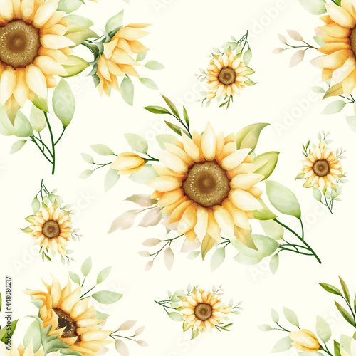 hand drawn watercolor sunflower seamless pattern