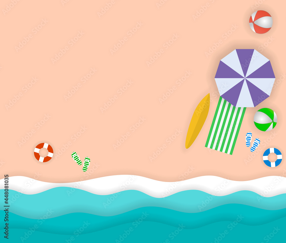 Top view beach background with umbrellas, balls, swim ring, surfboard, sandals and sea.