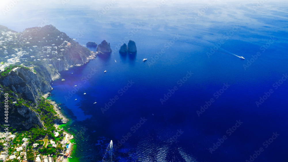 Faraglioni and Capri coastline from Mt Solaro, drone viewpoint.