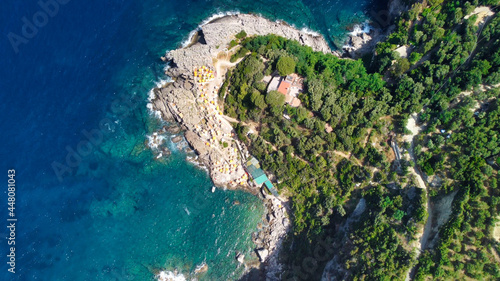 Amalfi coast from Punta Campanella near Sorrento. Amazing aerial view from drone in summer season.