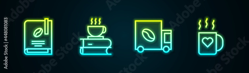 Set line Coffee book, cup and, street truck machine and heart. Glowing neon icon. Vector
