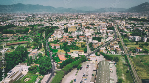 Pompei, Italy. Aerial view of old city from a drone viewpoint in summer season.