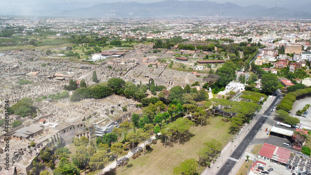 Pompei, Italy. Aerial view of old city from a drone viewpoint in summer season.