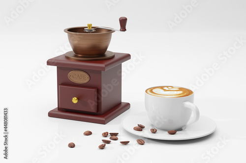 3D illustration A Cup of coffee latte and a coffee grinder on white background