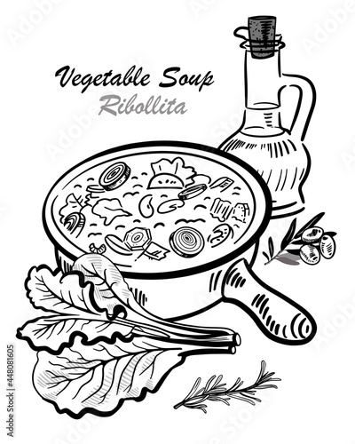 Traditional vegetable soup made from fresh products. Ribollita from Tuscany, ministrone and other soups from the Mediterranean. Vector illustration.