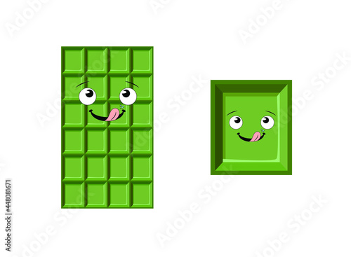 Vector Macha Chocolate with Funny Face Illustration, Green Chocolate Bar Isolated on White Background.
