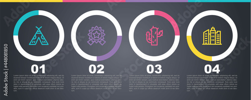 Set line Indian teepee or wigwam, Medal with star, Cactus and City landscape. Business infographic template. Vector