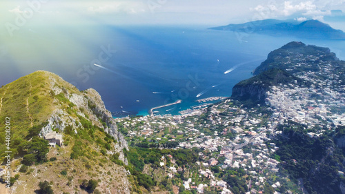 Capri, Italy. Amazing panoramic drone view from Mt Solaro on a sunny summer day.