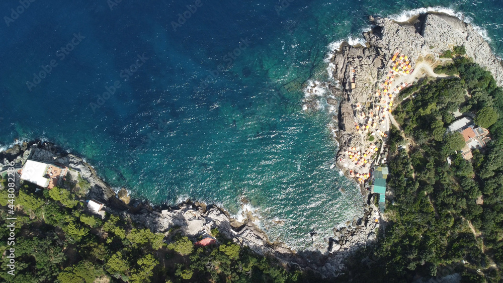 Amalfi coast from Punta Campanella near Sorrento. Amazing aerial view from drone in summer season.