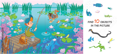 The boy is fishing. Find 10 hidden objects in the picture. Hidden objects puzzle. Funny cartoon character. Vector illustration. Set 