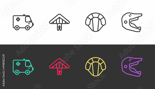 Set line Ambulance and emergency car, Hang glider, Parachute and Motocross motorcycle helmet on black and white. Vector