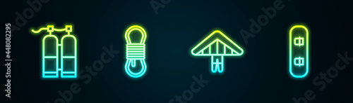 Set line Aqualung, Climber rope, Hang glider and Snowboard. Glowing neon icon. Vector
