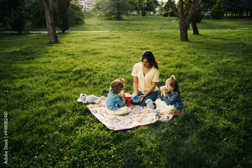 Cheerful mother and kids having picnic in park photo