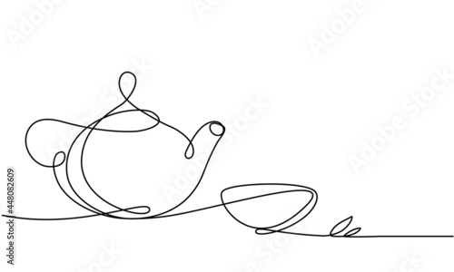 Teapot and cup. Continuous line drawing. Sketch. Tea leaf. Continuous line drawing. Sketch. Herb tea.