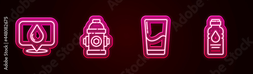 Set line Water drop with location, Fire hydrant, Glass water and Bottle of. Glowing neon icon. Vector
