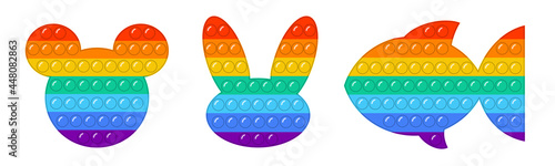 Trendy pop it fidgets set. Animal shaped colorful antistress toys. Bear, mouse figure, hare, fish shape. Hand toy with push bubbles. Sensory fidget in rainbow colors. Relax popit vector illustration