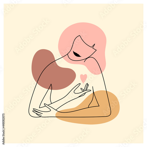 Vector minimalist portrait of woman holding heart in hand. Female silhouette in simple trendy linear style. Self, body care, love poster. Color abstract shapes, modern art, beauty fashion illustration