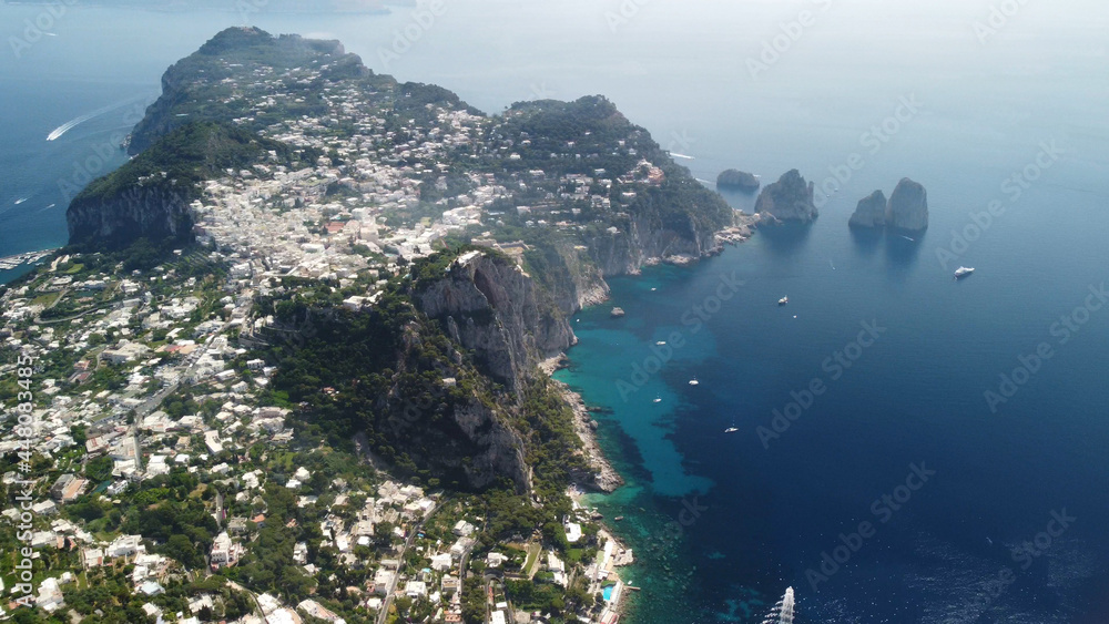 Faraglioni and Capri coastline from Mt Solaro, drone viewpoint.