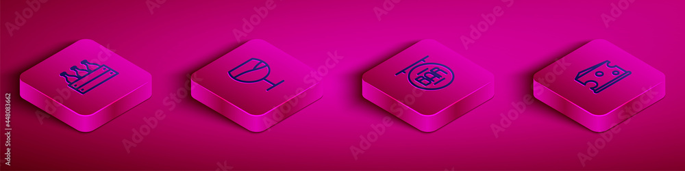 Set Isometric line Bottles of wine in a wooden box, Wine glass, Street signboard with Bar and Cheese icon. Vector Set Isometric line Bottles of wine in a wooden box, Wine glass, Street signboard with Bar and Cheese icon. Vector