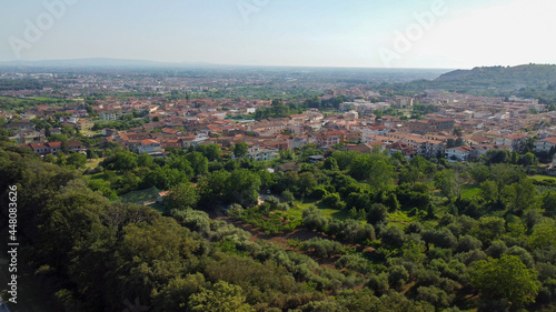 Reggia di Caserta, Italy. Aerial view of famous royal building gardens from a drone in summer season.