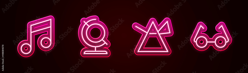 Set line Music note, tone, Earth globe, Light rays in prism and Glasses. Glowing neon icon. Vector Set line Music note, tone, Earth globe, Light rays in prism and Glasses. Glowing neon icon. Vector