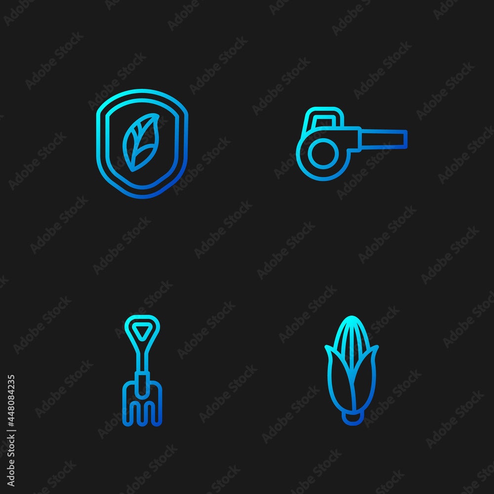 Set line Corn, Garden rake, Shield with leaf and Leaf garden blower. Gradient color icons. Vector Set line Corn, Garden rake, Shield with leaf and Leaf garden blower. Gradient color icons. Vector