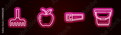 Set line Garden rake, Apple, Hand saw and Bucket. Glowing neon icon. Vector