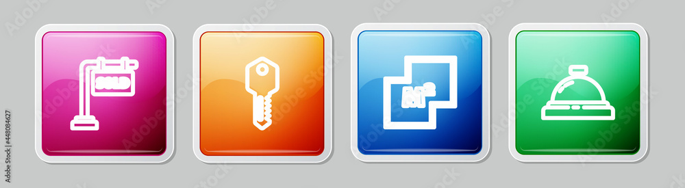 Set line Hanging sign with Sold, House key, plan and Hotel service bell. Colorful square button. Vector Set line Hanging sign with Sold, House key, plan and Hotel service bell. Colorful square button. Vector
