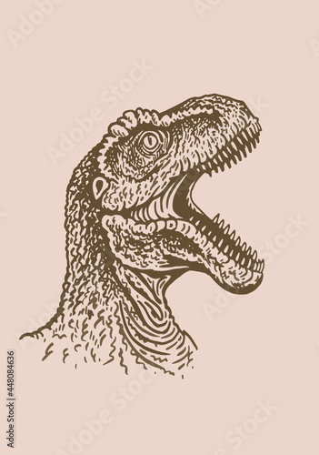 Graphical portrait of raptor roaring , sepia background, vintage illustration of dinosaur