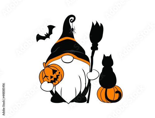 Halloween Vector illustration. Scary Gnome with pumpkins and Black Cat. Halloween Gnomes.