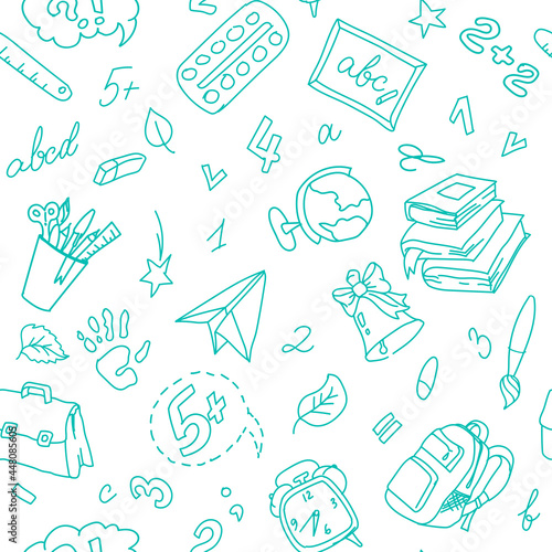 Back to school vector seamless pattern. Carelessly drawn attributes of schoolchildren on a white background.