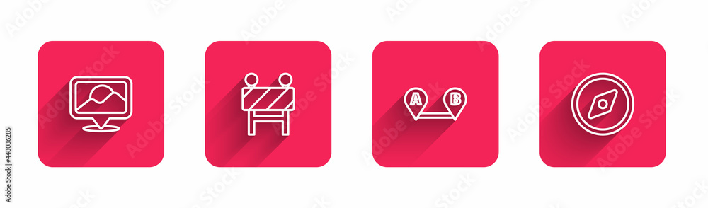 Set line Location, Road barrier, Route location and Compass with long shadow. Red square button. Vector Set line Location, Road barrier, Route location and Compass with long shadow. Red square button. Vector
