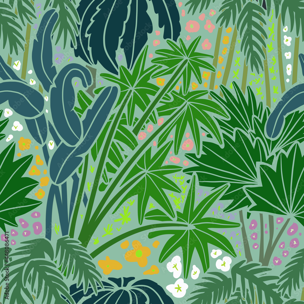 Naklejka premium Tropical forest with palms and flowers in a minimalist style. Floral Seamless Pattern