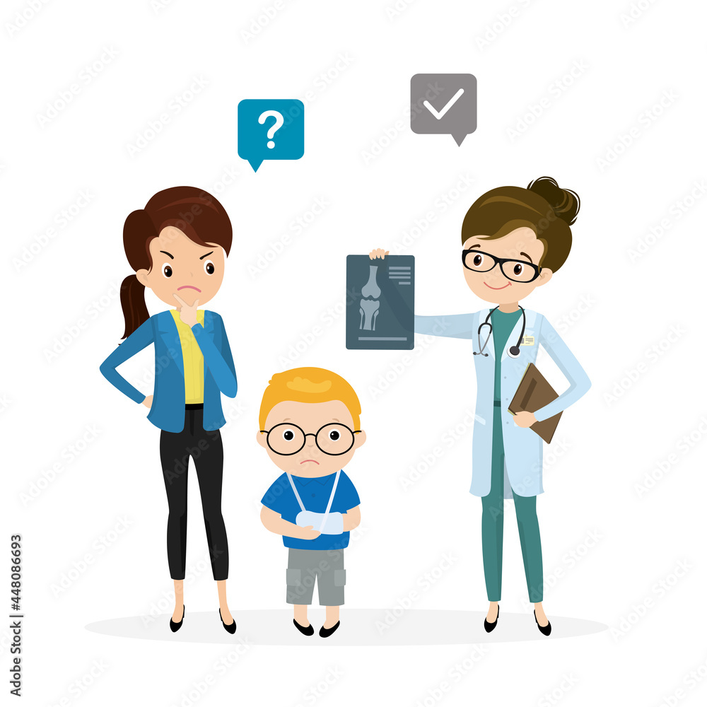 Orthopedist telling mother about boy diagnosis. Nurse holds x-ray picture of fracture. Schoolboy in cast with broken arm Orthopedist telling mother about boy diagnosis. Nurse holds x-ray picture of fracture. Schoolboy in cast with broken arm