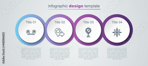 Set line Route location, Location with house, Stop sign and Wind rose. Business infographic template. Vector