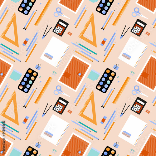 School pattern. Education background. Back to school  seamless pattern. School supplies, objects, compasses, colored crayons, erasers, scissors, paper clips, sharpeners, watercolor, notebook, ruler