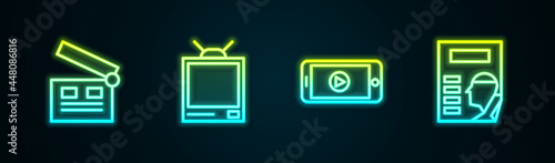Set line Movie clapper, Retro tv, Online play video and Cinema poster. Glowing neon icon. Vector
