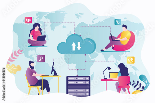 Business people use cloud server for distant job. Segregation of duties. Concept of global outsourcing and teamwork