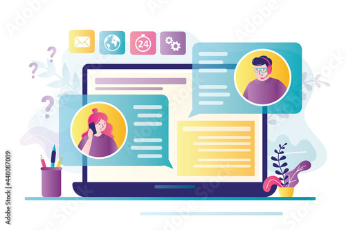 Laptop screen with text messages. Male operator in headphones talking with female client. Woman user communicates with support service. Hotline, call center.