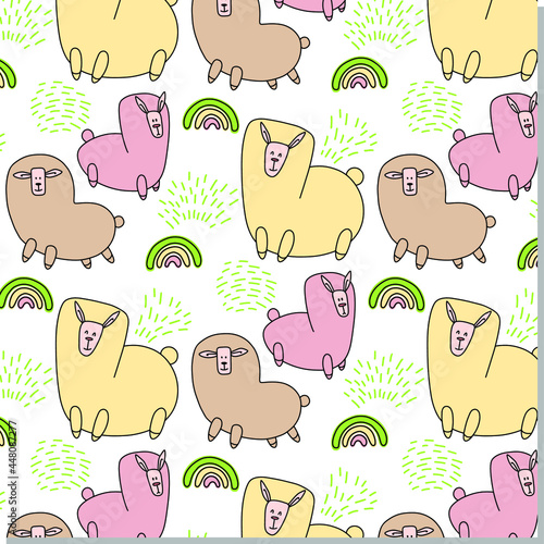 Seamless pattern with llama, rainbows and hand drawn elements. Creative childish texture. For fabric, textile Vector Illustration.