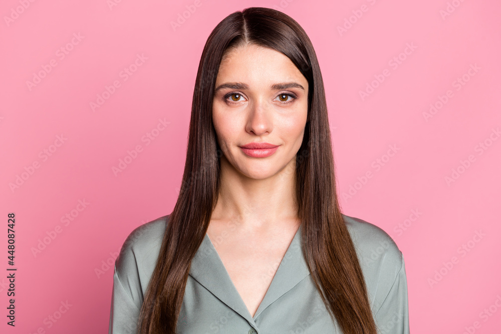 Photo of charming shiny woman dressed grey outfit smiling isolated pastel pink color background Photo of charming shiny woman dressed grey outfit smiling isolated pastel pink color background