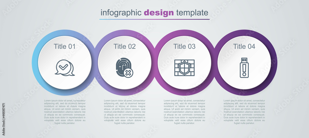Set line Check mark in speech bubble, Cancelled fingerprint, Shield with brick wall and USB flash drive. Business infographic template. Vector Set line Check mark in speech bubble, Cancelled fingerprint, Shield with brick wall and USB flash drive. Business infographic template. Vector