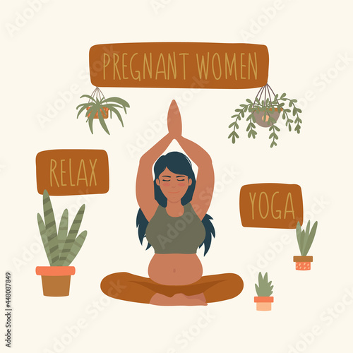 Pregnant woman doing Yoga in the middle of nature. People do sports for a poster about Yoga or Pilates. Vector illustration about sports during pregnancy. Vector illustration