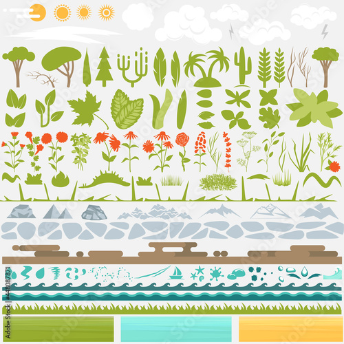 Landscape constructor. Set of different nature forests and hills.