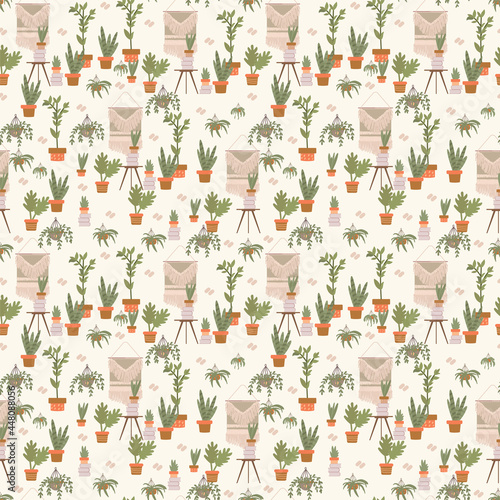 Pattern with plants for Yoga classes. Relaxation room background for textiles. Beautiful Boha background with nature. Vector illustration