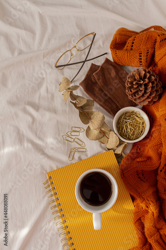 Autumn, fall composition. Beige linen bed with brown warm socks and sweater, golden paper clips, rose gold tablet, eucalyptus branches, mustarde notebook, glasses. Lifestyle, fashion seasonal concept. photo