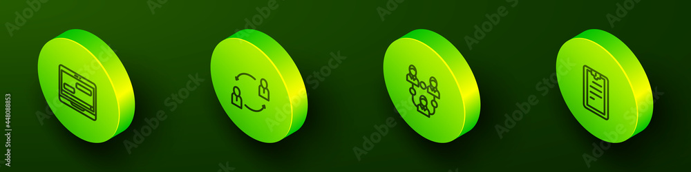 Set Isometric line Chat messages on laptop, Human resources, Project team base and Clipboard with checklist icon. Vector Set Isometric line Chat messages on laptop, Human resources, Project team base and Clipboard with checklist icon. Vector