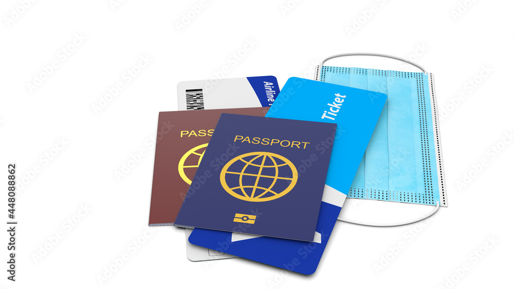Passport documents travel with airplane boarding pass and with protection face mask isolated on the white background. Tourist kit for the entire duration of the quarantine covid-19 illustration. Passport documents travel with airplane boarding pass and with protection face mask isolated on the white background. Tourist kit for the entire duration of the quarantine covid-19 illustration.
