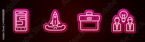 Set line Chat messages on phone, Rocket, Briefcase and People with lamp bulb. Glowing neon icon. Vector